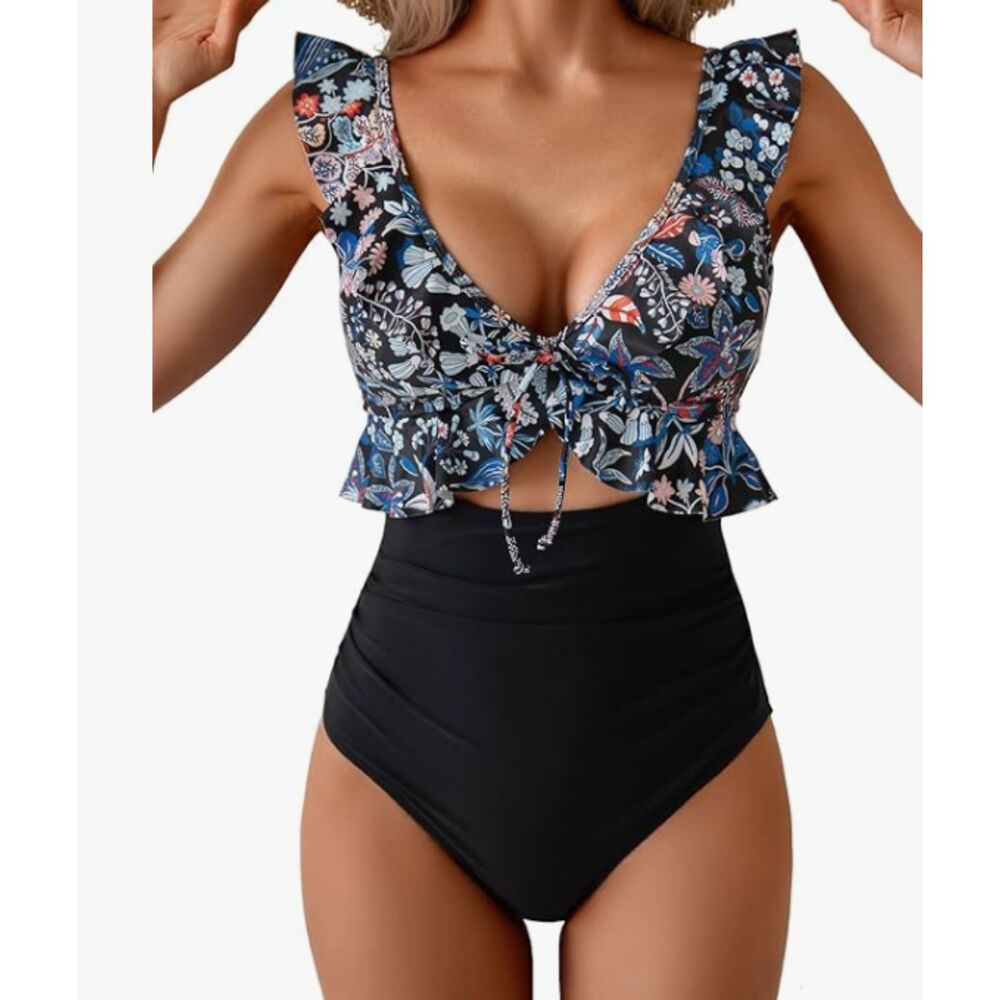 NEW Eomenie Blue Floral One Piece Swimsuit Ruffle Top Keyhole Tie Front XL NWT